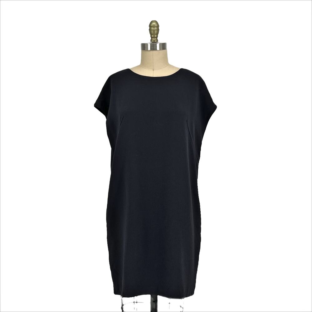 Vince Leather Piped Crepe Shift Mini Tunic Dress size Medium Charcoal Black - Picture 7 of 15